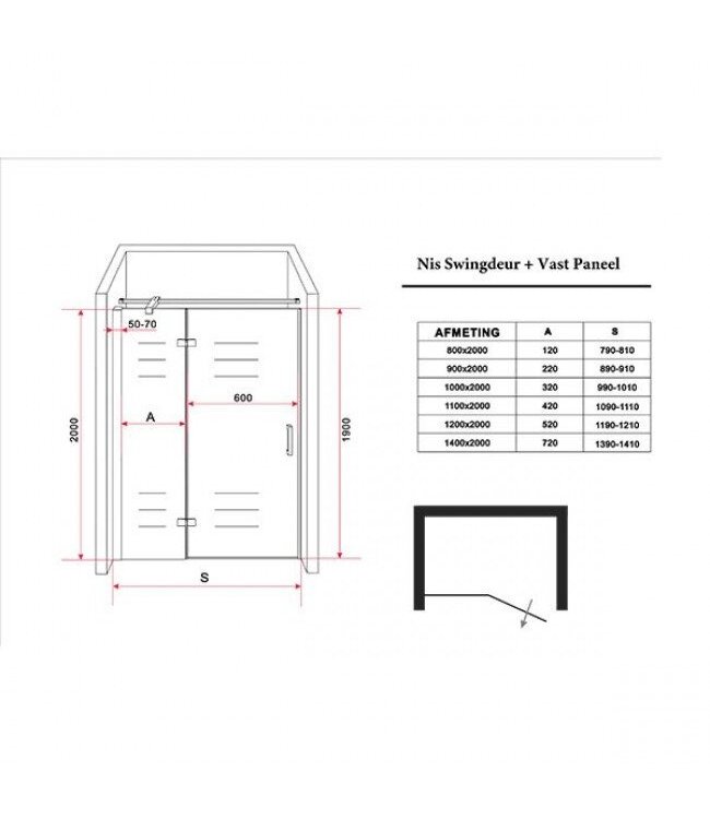 Douchedeur Nisdeur Draaideur met Vaste Wand 100(60-40)x200cm Antikalk Helder Glas Chroom Profiel 8mm Veiligheidsglas Easy Clean