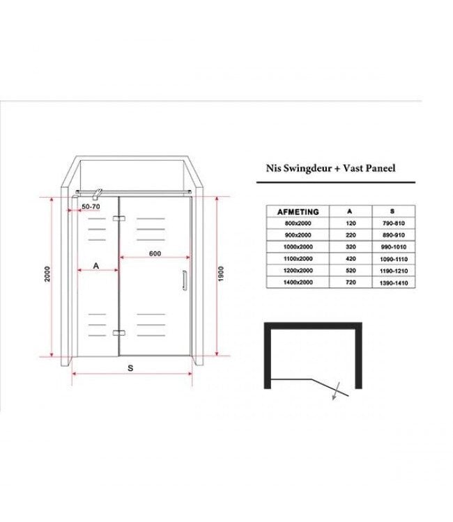 Douchedeur Nisdeur Draaideur met Vaste Wand 110(60-50)x200cm Antikalk Helder Glas Chroom Profiel 8mm Veiligheidsglas Easy Clean