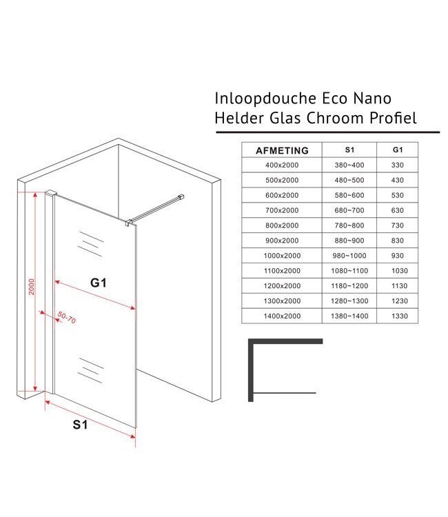 Inloopdouche 120x200cm Antikalk Helder Glas Chroom Profielloos 8mm Veiligheidsglas Easy Clean