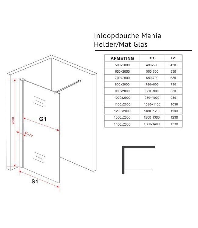 Inloopdouche 120x200 - Mania Helder/Mat Glas 10mm Douchewand - Veiligheidsglas met Antikalk