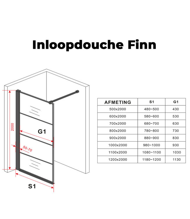 Inloopdouche Donna Mat Zwart Raster 100x200cm SaniPro Douchewand Antikalk Helderglas 8 mm Veiligheidsglas Easy Clean