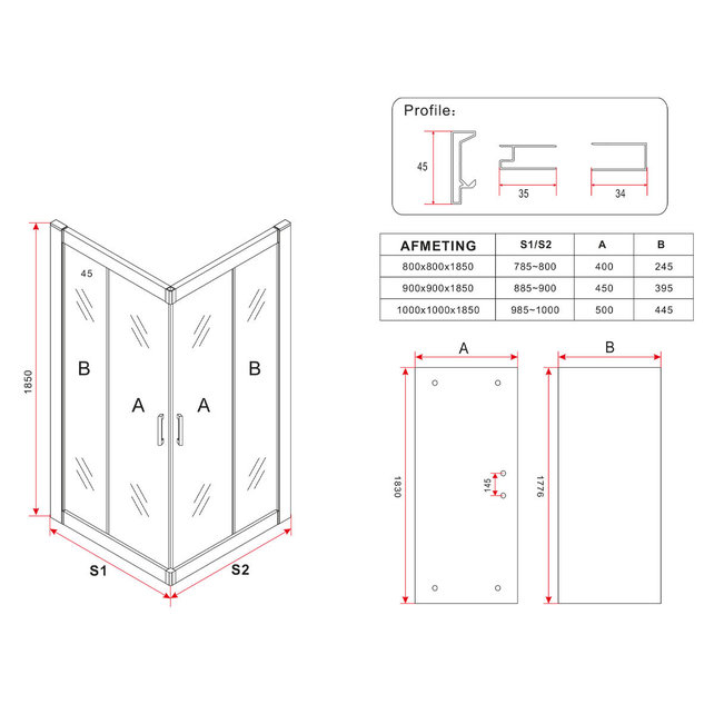 Douchecabine 100x100 cm Liz Schuifdeur Hoekinstap Vierkant Chroom helder glas