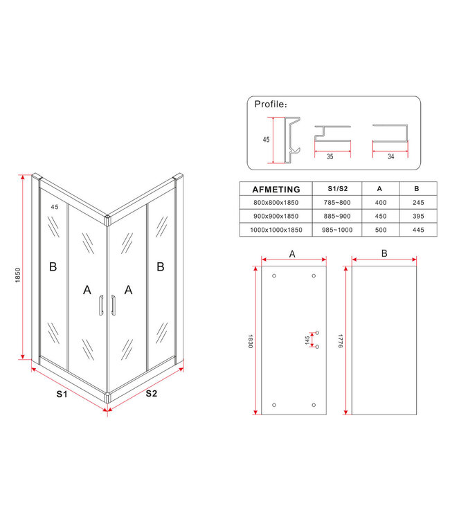 Douchecabine 90x90 cm Liz Schuifdeur Hoekinstap Vierkant Chroom helder glas Anti-kalk