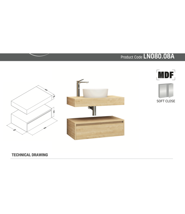 Badkamermeubel Sally Freedom Licht Eiken 80cm met wastafelblad voor waskom en ladekast