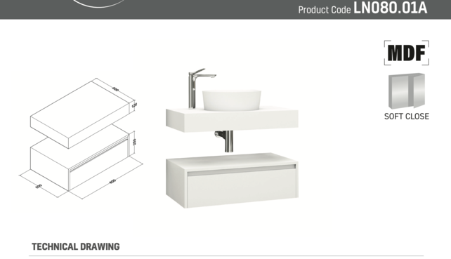 Badkamermeubel Sally Freedom Mat Wit 80cm met wastafelblad voor waskom en ladekast