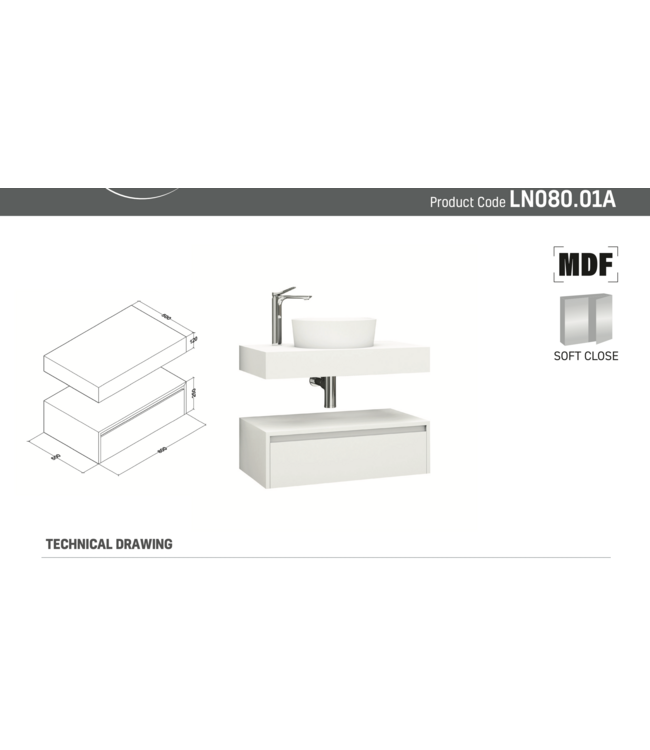 CREAVIT Badkamermeubel Sally Freedom Mat Wit 80cm met wastafelblad voor waskom en ladekast