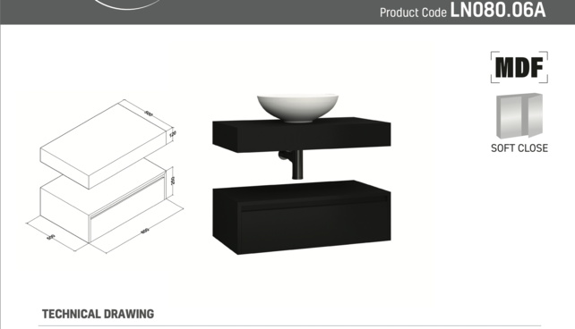 Badkamermeubel Sally Freedom Mat Zwart 80cm met wastafelblad voor waskom en ladekast