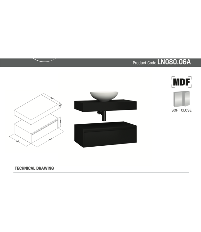 Badkamermeubel Sally Freedom Mat Zwart 80cm met wastafelblad voor waskom en ladekast