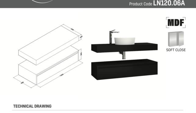 Badkamermeubel Sally Freedom Mat Zwart 120cm met wastafelblad voor waskom en ladekast Badkamermeubel Sally Freedom Mat Zwart 120cm met wastafelblad voor waskom en ladekast