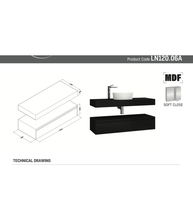 Badkamermeubel Sally Freedom Mat Zwart 120cm met wastafelblad voor waskom en ladekast