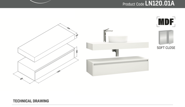 Badkamermeubel Sally Freedom Mat Wit 120cm met wastafelblad voor waskom en ladekast