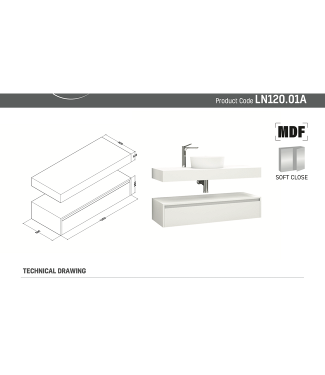 Badkamermeubel Sally Freedom Mat Wit 120cm met wastafelblad voor waskom en ladekast