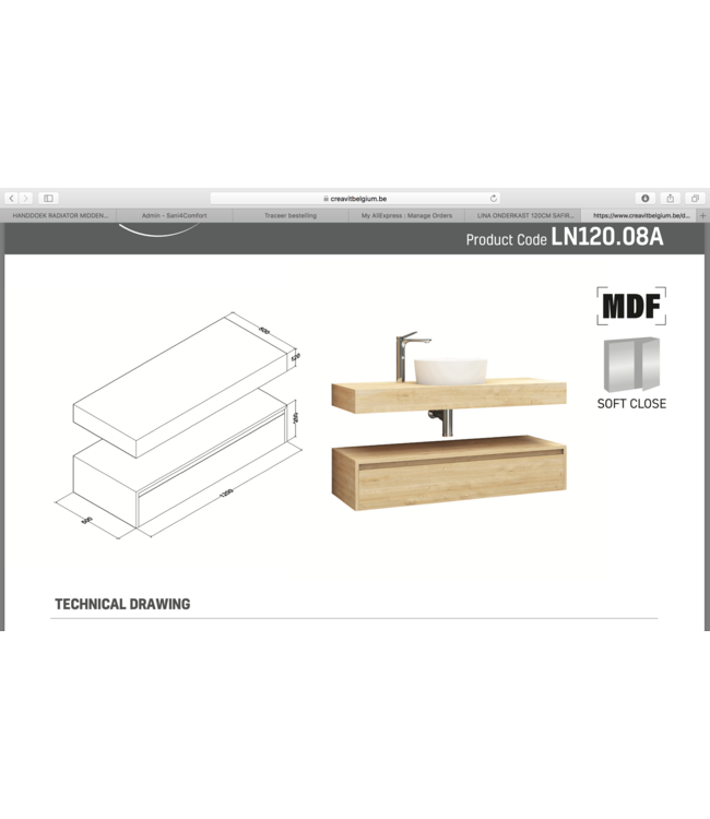 Badkamermeubel Sally Freedom Light Eiken 120cm met wastafelblad voor waskom en ladekast