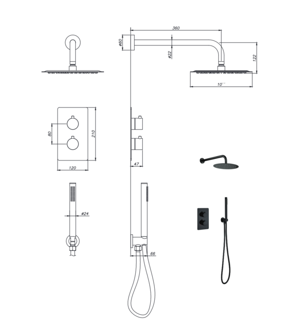 Inbouw Regendouche set Aloni Mat Zwart 25 cm Rond Hoofddouche muur Thermostaatkraan incl. handdouche