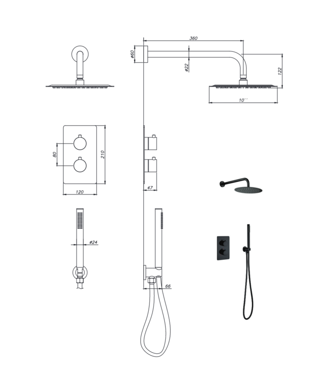 CREAVIT Inbouw Regendouche set Aloni Geborsteld koper 25 cm Rond Hoofddouche muur Thermostaatkraan incl. handdouche