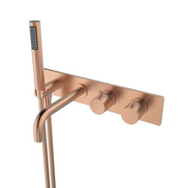 Badkraan Nomi Inbouw Thermostatisch Rond Geborsteld Koper 2 Greeps met Handdoucheset Badkraan Nomi Inbouw Thermostatisch Rond Geborsteld Koper 2 Greeps met Handdoucheset