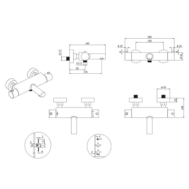 Badkraan Nomi 15cm Hartafstand Thermostatisch Opbouw Rond Cooltouch Geborsteld Staal 2 Greeps met Uitloop