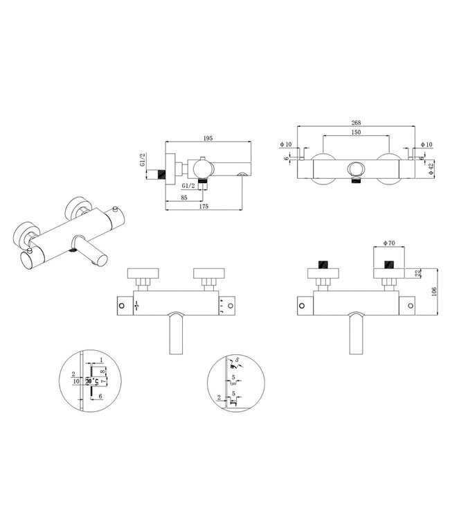 Badkraan Nomi 15cm Hartafstand Thermostatisch Opbouw Rond Cooltouch Geborsteld Staal 2 Greeps met Uitloop