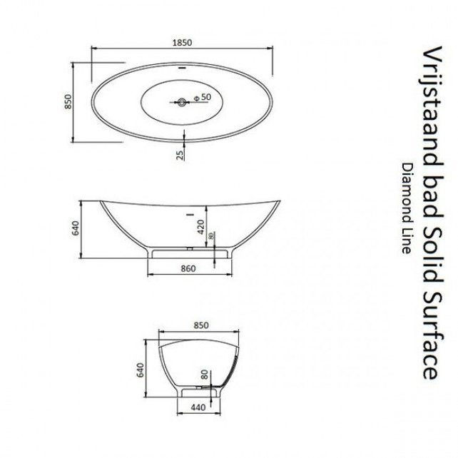 Vrijstaand Bad Solid Surface Florin Mat Wit 186x84x59 cm Ovaal
