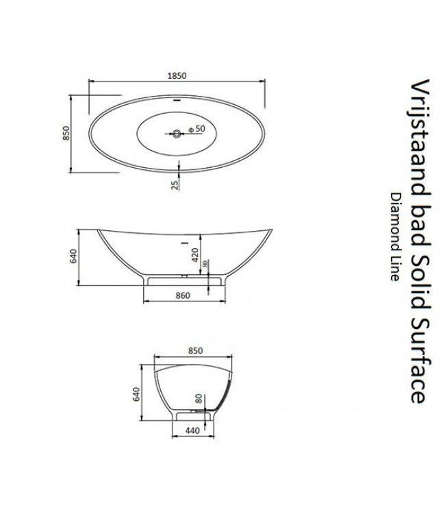 Vrijstaand Bad Solid Surface Florin Mat Wit 186x84x59 cm Ovaal