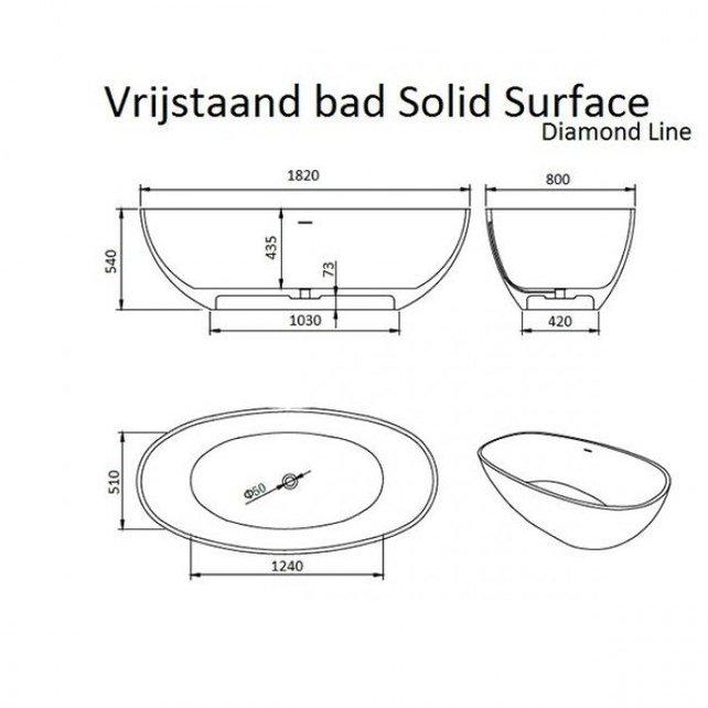Vrijstaand bad Solid Surface - Lorena Mat Wit  179,5 x 84,5 x 64 cm Ovaal