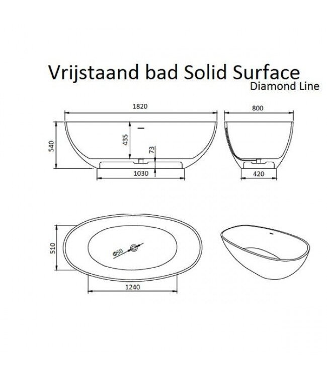 Vrijstaand bad Solid Surface - Lorena Mat Wit  179,5 x 84,5 x 64 cm Ovaal