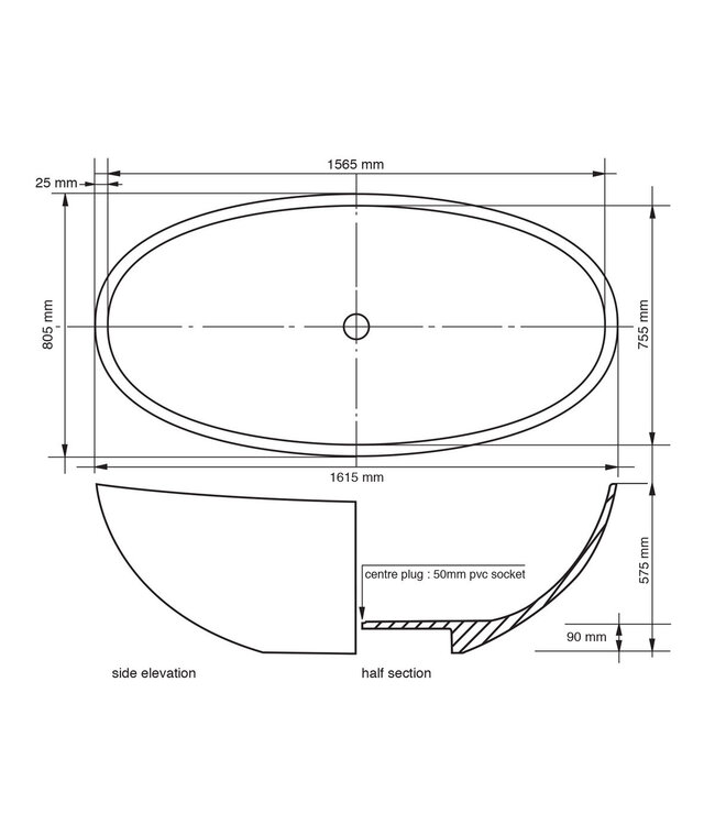 Ligbad Vrijstaand Luna Ovaal 161.5x80.5x57.5cm Solid Surface Mat Wit met Badwaste en Overloop