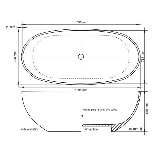 Ligbad Vrijstaand Carlos Ovaal 163x77x53cm Solid Surface Mat Wit met Badwaste en Overloop