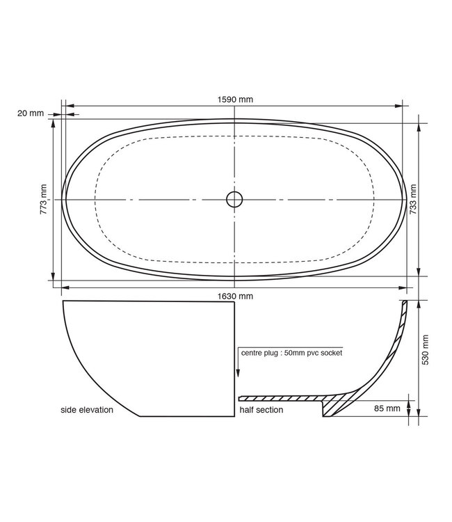Ligbad Vrijstaand Carlos Ovaal 163x77x53cm Solid Surface Mat Wit met Badwaste en Overloop