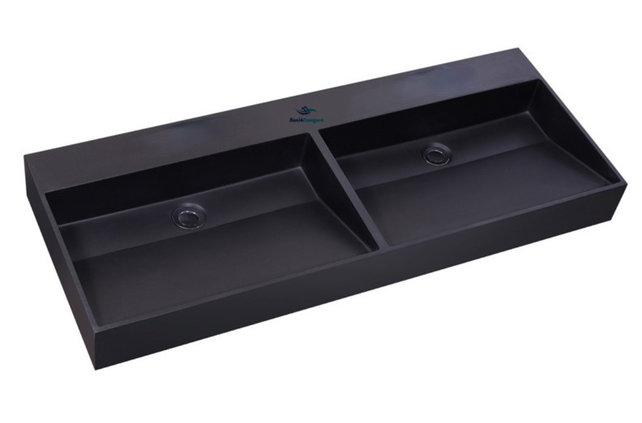 Wastafel Quartz Trend Mat Zwart 120x47x12 cm dubbele bak zonder kraangat met overloop