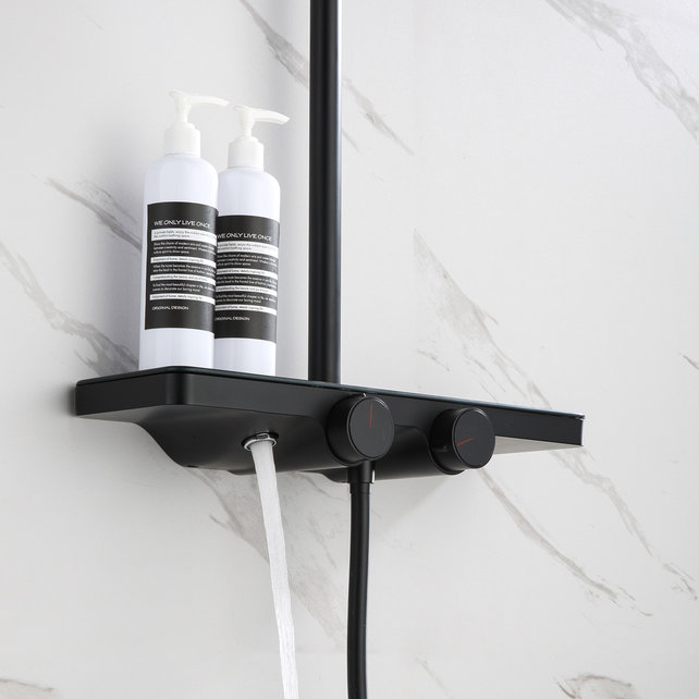Regendouche set Motion Opbouw Mat Zwart Thermostaatkraan Glijstang Hoofddouche en Handdouche Regendouche set Motion Opbouw Mat Zwart Thermostaatkraan Glijstang Hoofddouche en Handdouche