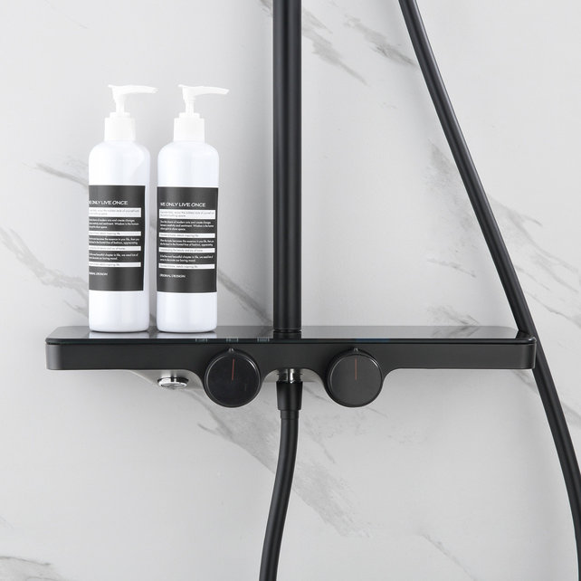 Regendouche set Motion Opbouw Mat Zwart Thermostaatkraan Glijstang Hoofddouche en Handdouche Regendouche set Motion Opbouw Mat Zwart Thermostaatkraan Glijstang Hoofddouche en Handdouche