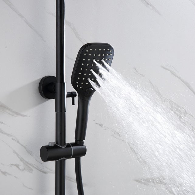 Regendouche set Motion Opbouw Mat Zwart Thermostaatkraan Glijstang Hoofddouche en Handdouche Regendouche set Motion Opbouw Mat Zwart Thermostaatkraan Glijstang Hoofddouche en Handdouche
