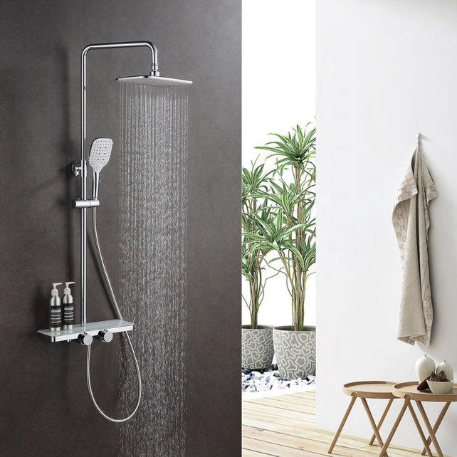 Regendouche set Motion Opbouw Chroom Thermostaatkraan Glijstang Hoofddouche en Handdouche Regendouche set Motion Opbouw Chroom Thermostaatkraan Glijstang Hoofddouche en Handdouche