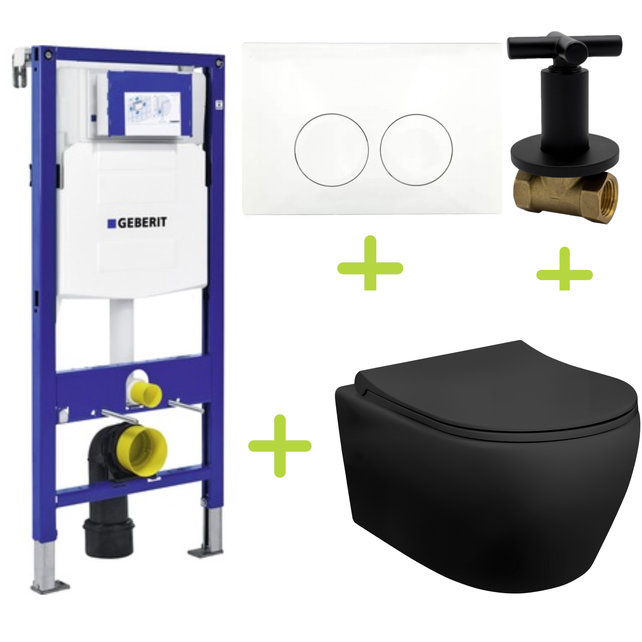 Geberit toiletset Zwart UP100 - Randloos Hangtoilet Aloni met bidet Zwart mat bidet incl. soft close toiletbril