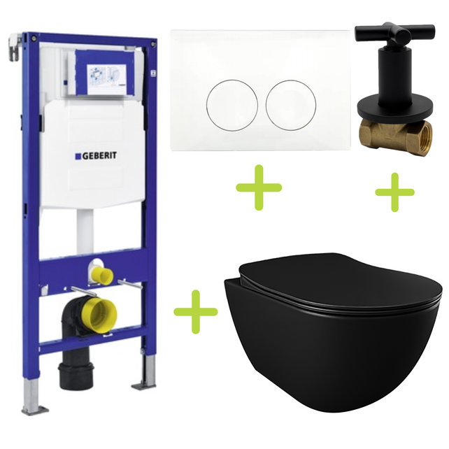 Geberit toiletset Zwart UP100 - Randloos Hangtoilet Freedom met bidet zwart mat bidet incl. soft close toiletbril