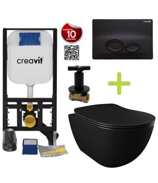CREAVIT Creavit toiletset Zwart  - Randloos Hangtoilet Freedom met bidet zwart mat bidet incl. soft close toiletbril