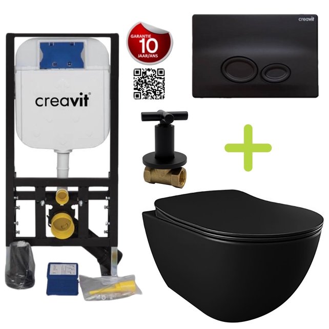 Creavit toiletset Zwart  - Randloos Hangtoilet Freedom met bidet zwart mat bidet incl. soft close toiletbril Creavit toiletset Zwart  - Randloos Hangtoilet Freedom met bidet zwart mat bidet incl. soft close toiletbril