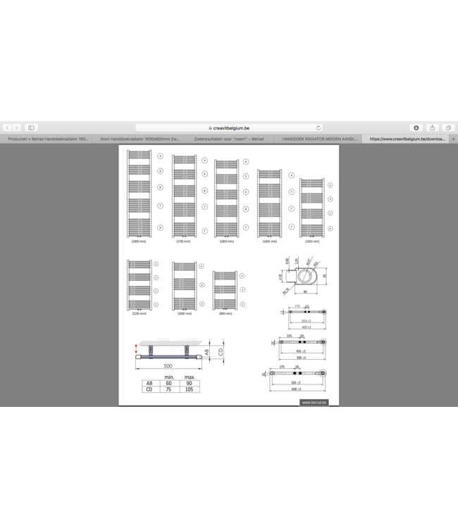 Handdoekradiator 160x60 cm Zwart Mat Geborsteld 828  Watt Midden aansluiting - Links Rechts