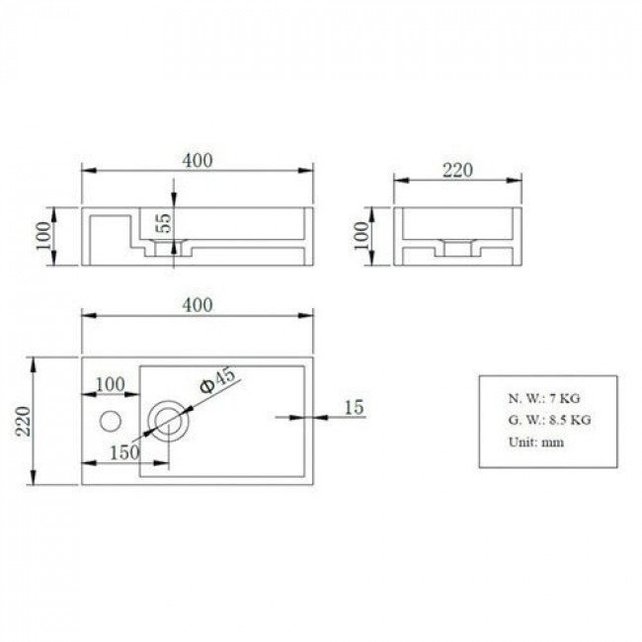 Fonteinset Nila Koper Solid Surface Rechts 40x22x10cm Toiletkraan clickwaste Sifon Koper