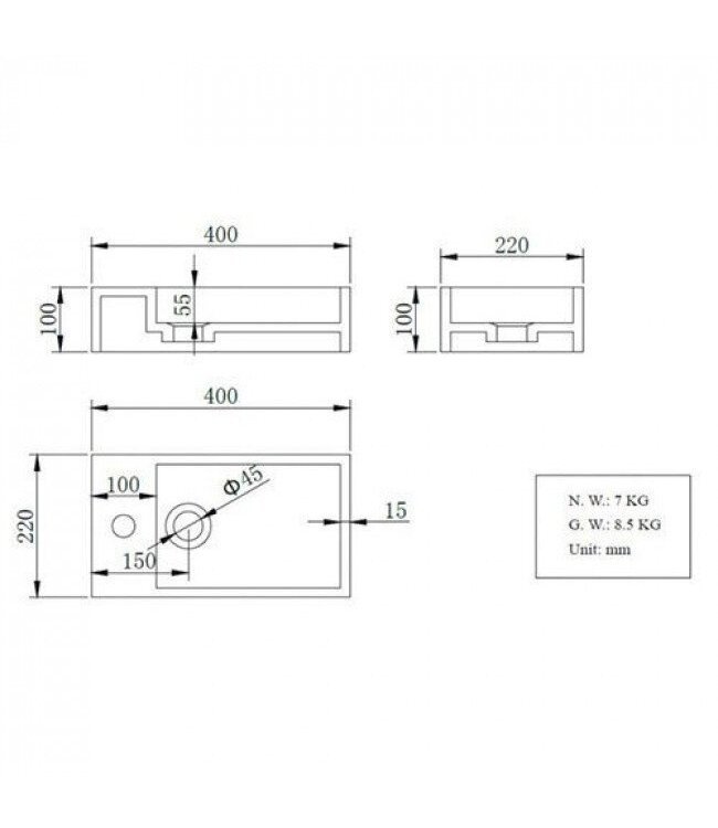 Fonteinset Nila Koper Solid Surface Rechts 40x22x10cm Toiletkraan clickwaste Sifon Koper