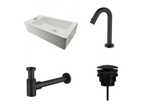 Fonteinset Rhea Rechthoek Links 36.5x18x9cm Toiletkraan Hendel Clickwaste Sifon Mat Zwart
