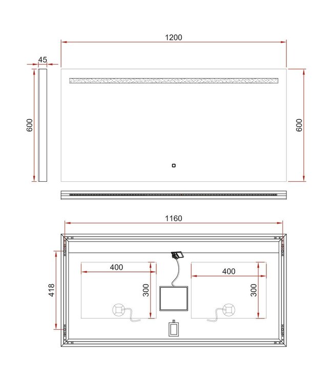 Badkamerspiegel Ambi 120x60cm Geintegreerde LED Verlichting Verwarming Anti Condens Touch Lichtschakelaar Dimbaar