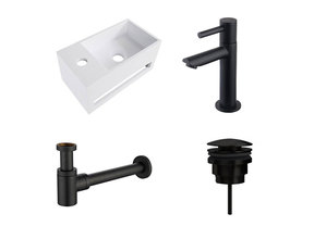 Fonteinset Yano Solid Surface Links 36x20x16cm Toiletkraan Hendel Clickwaste Sifon Mat Zwart