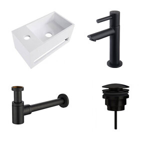 Fonteinset Yano Solid Surface Links 36x20x16cm Toiletkraan Hendel Clickwaste Sifon Mat Zwart