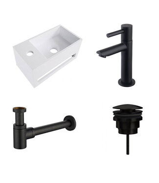 Fonteinset Yano Solid Surface Links 36x20x16cm Toiletkraan Hendel Clickwaste Sifon Mat Zwart