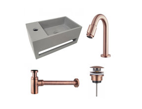 Fonteinset Sima Geborsteld Koper/Betonlook Solid Surface Rechts 35.6x20.3x15.9cm Toiletkraan Hendel Clickwaste Sifon Geborsteld Koper/Betonlook
