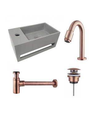 Fonteinset Sima Geborsteld Koper/Betonlook Solid Surface Rechts 35.6x20.3x15.9cm Toiletkraan Hendel Clickwaste Sifon Geborsteld Koper/Betonlook