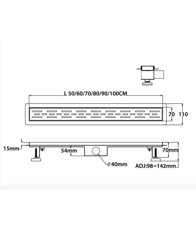 RVS Douchegoot 50x11x7 cm compleet met Flens Uitneembaar Sifon + uitneembaar haarfilter