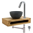 Mini Toilet Fonteinset Parro Chroom Lupo 40x22x8cm Planchet massief hout met Handdoekhouder met Waskom natuursteen